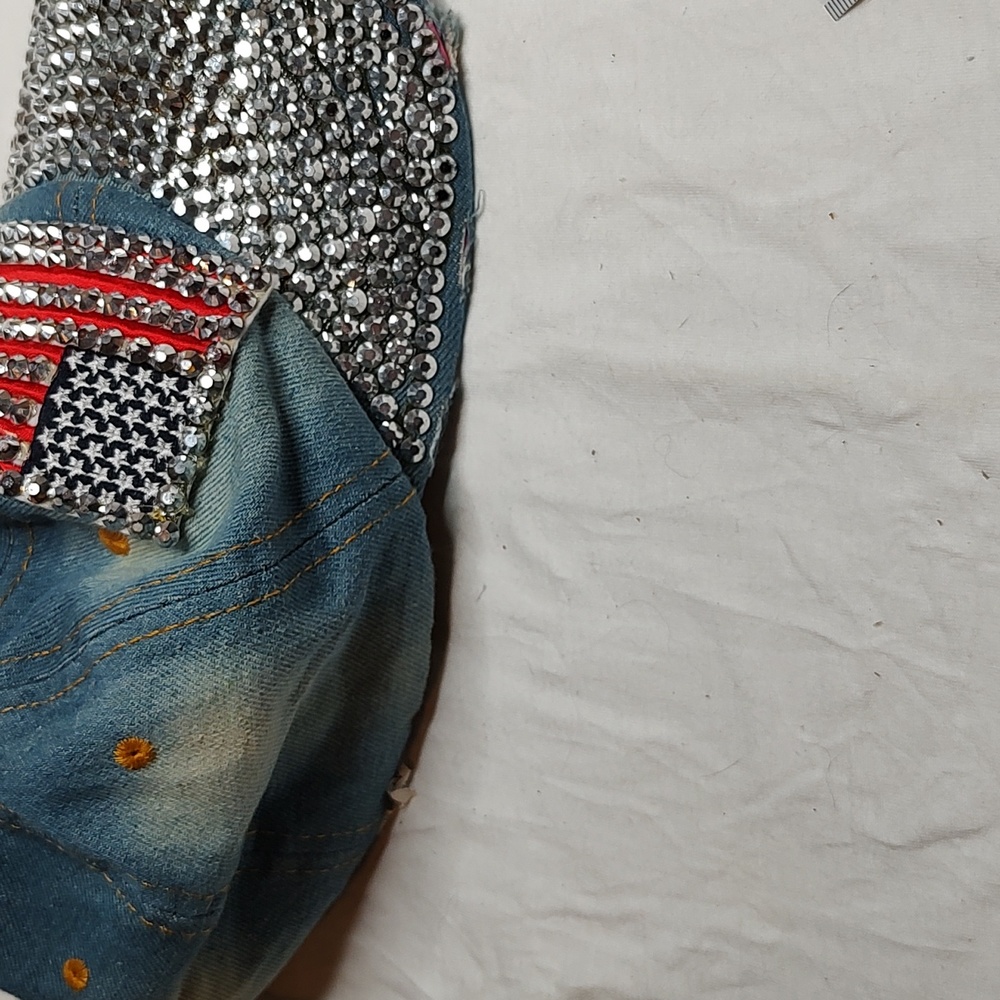Bling American Flag Denim Distressed Jean Cap USA Hat - Picture 4 of 11